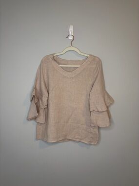 Women's Taupe Ruffle Sleeve Linen Blouse Medium